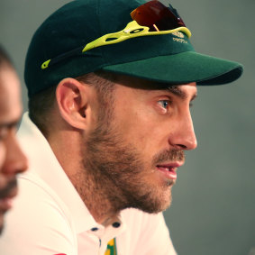 Faf du Plessis addresses the media in 2016.