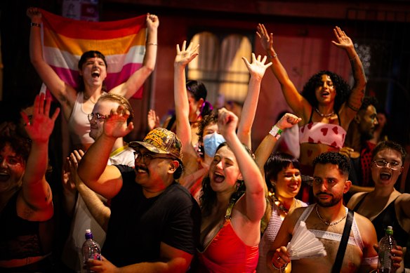 Spectators cheering at Sydney’s 2026 Mardi Gras parade in February.