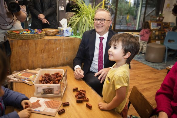 Prime Minister Anthony Albanese visited Merri Community Child Care and Kindergarten in Thornbury to speak about changes to the childcare subsidy in June 2023.