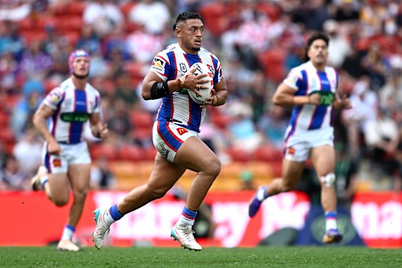 Jermaine McEwen makes a break during the Knights’ match against Gold Coast Titans during Magic Round.