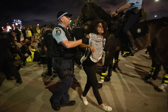 NSW Police arrest an activist at a pro-Palestinian protest in Port Botany.