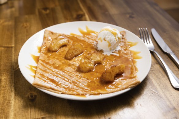 Normandy flambee crepe is a Roule Galette signature.