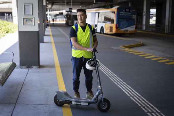 Baggage handler Jason Sacramento spends almost two hours getting home from work by bus – and electric scooter.