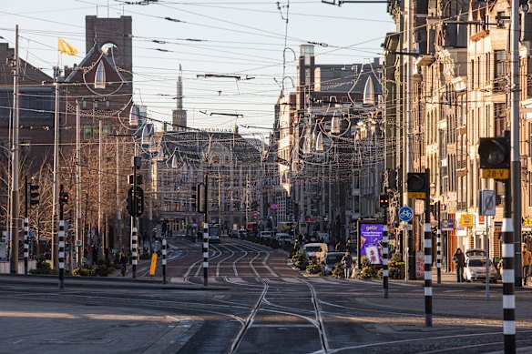 All was quiet in the retail precinct of Amsterdam, which has been locked down to prevent the spread of COVID-19.