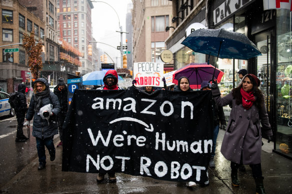 Amazon workers protest outside Jeff Bezos’ New York penthouse in 2019.