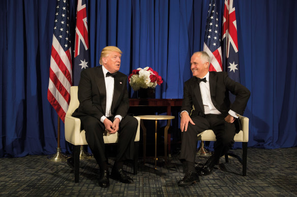 Malcolm Turnbull with US President Donald Trump in mid-2017. While their first phone conversation as leaders was strained, Turnbull says they moved on with no hard feelings. 