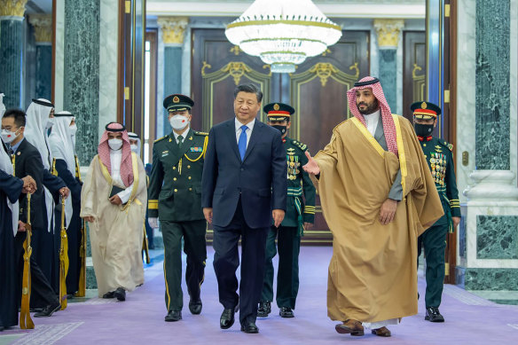 Chinese President Xi Jinping, left, is greeted by Saudi Crown Prince and Prime Minister Mohammed bin Salman, at Al Yamama Palace in Riyadh, Saudi Arabia, in December.