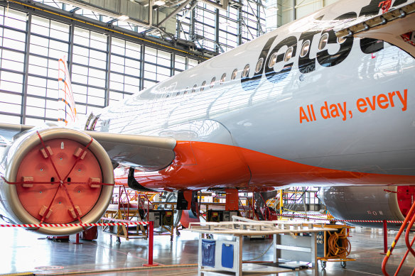 The first Jetstar A321neo aircraft gets its finishing touches at the Airbus factory in Hamburg, northern Germany.