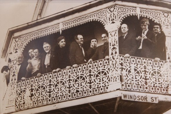 Arty beginnings: a  group of leading artists taken in 1963 on the balcony of the then Hungry Horse. From left: Frank Hodgkinson, Stanislaus Rapotec, Charles Reddington, William Rose, Carl Plate, Colin Lanceley, John Olsen, Leonard Hessing, Robert Klippel, John Coburn, Robert Hughes and Emmanuel Raft. 