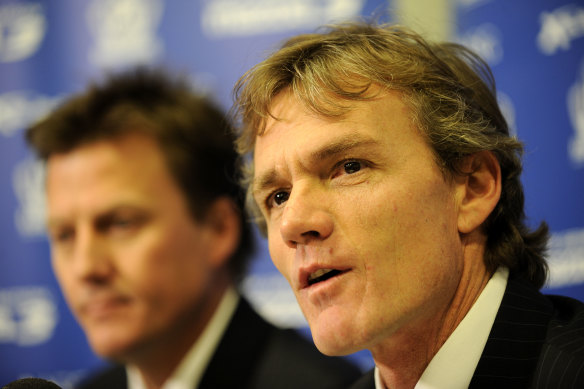 Dean Laidley, right, with former North Melbourne chairman James Brayshaw, who is one of a number of football identities who provided character references for the former coach.