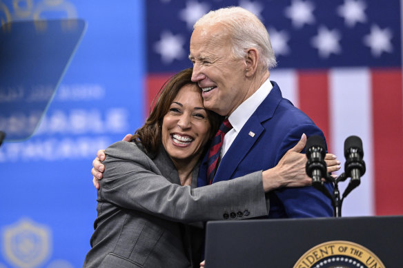 Vice President Kamal Harris embraces President Joe Biden at an event in March.