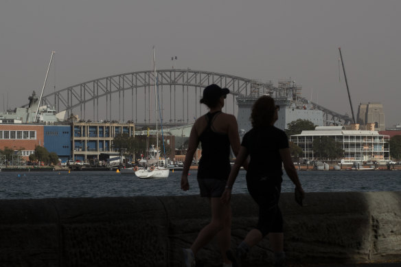 Sydney Harbour covered with a dusty haze on Thursday.
