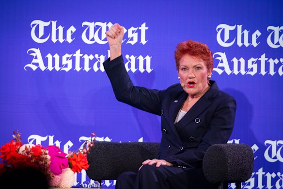 Pauline Hanson at the Seven West business breakfast on Tuesday.
