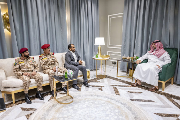 Saudi Defence Minister Prince Khalid bin Salman (right) meets a delegation from the Houthi movement in Riyadh, Saudi Arabia, in September last year.