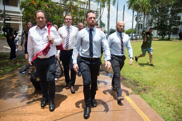 Zachary Rolfe flanked on his right by defence barrister David Edwardson, QC, leaving court last week after being acquitted of all charges. 