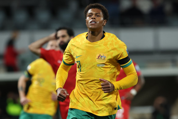 Kusini Yengi of the Socceroo celebrates after scoring a penalty