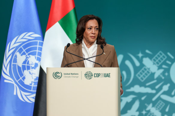 That was then. Vice President Kamala Harris addresses the UN’s COP28 conference in Dubai last November.