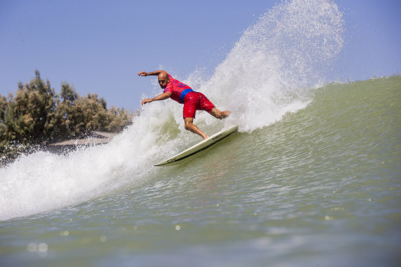 Kelly Slater surfs a man-made break at the 2018 Surf Ranch Pro in Lemoore. 