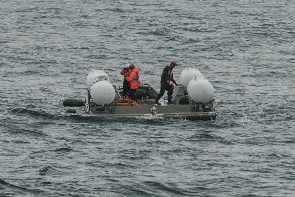 The submersible Titan is prepared for a dive into a remote area of the Atlantic Ocean on an expedition to the Titanic on June 18.