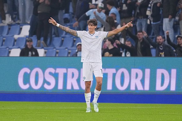 Romano Floriani Mussolini celebrates after scoring his first goal for Lazio.