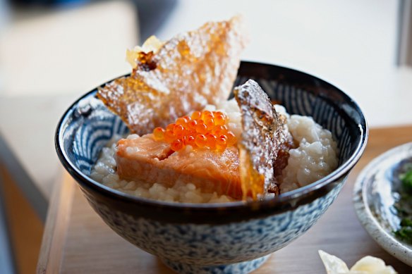 Grilled salmon congee at Kurumac, Marrickville.

