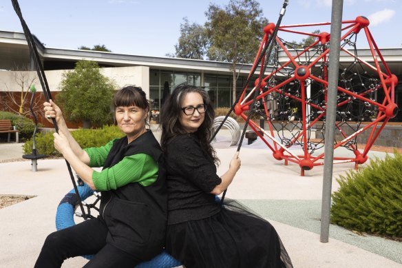 Kirsten Bauer (L) from Aspect Studios Landscape Architects and Tania Davidge from Open House Melbourne at Bunurong Memorial Park in Dandenong, which has some interesting and unconventional design features including a playground.