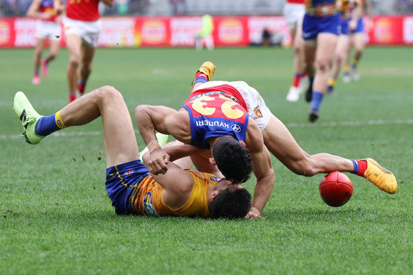 The aftermath: Liam Duggan is tackled by Charlie Cameron.