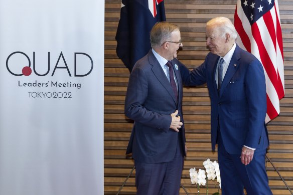 Prime Minister Anthony Albanese meets US President Joe Biden at the Quad meeting in Tokyo on Tuesday. 