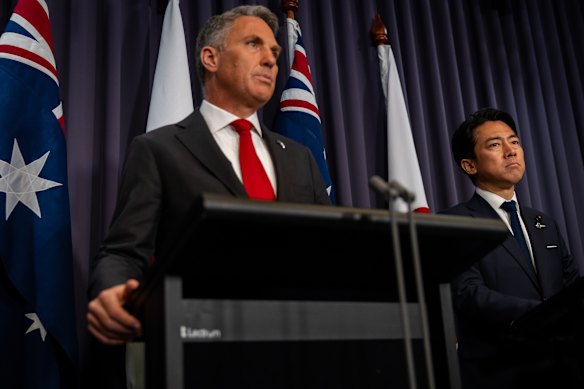 The Deputy Prime Minister and Defence Minister Richard Marles hosts his Japanese counterpart, Defence Minister Shinjiro Koizumi, during a press conference.