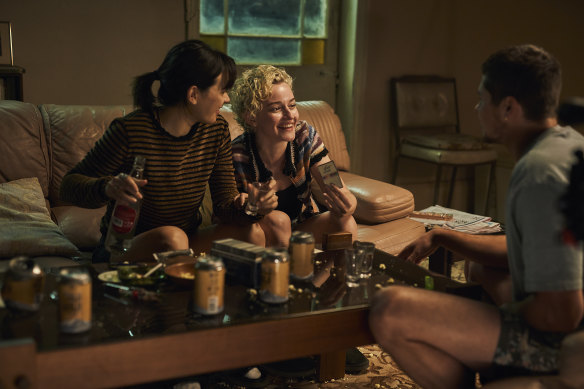 Liv (Jessica Henwick,) Hanna (Julie Garner) and Matty (Toby Wallace). The Royal Hotel examines Australia’s drinking culture. 