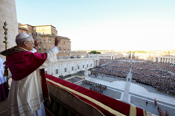 Pope Leo XIV waves to faithful and pilgrims gathered in St Peter’s Square.