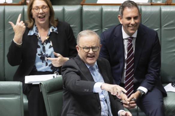 Minister for Infrastructure, Transport, Regional Development and Local Government Catherine King (left), Albanese and Chalmers during question time.