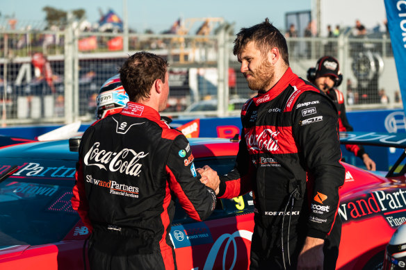 Brodie Kostecki, right, driver of the #99 Coca-Cola Racing Chevrolet Camaro ZL1 during race 2 of the Perth Supersprint at Wanneroo Raceway on Sunday.