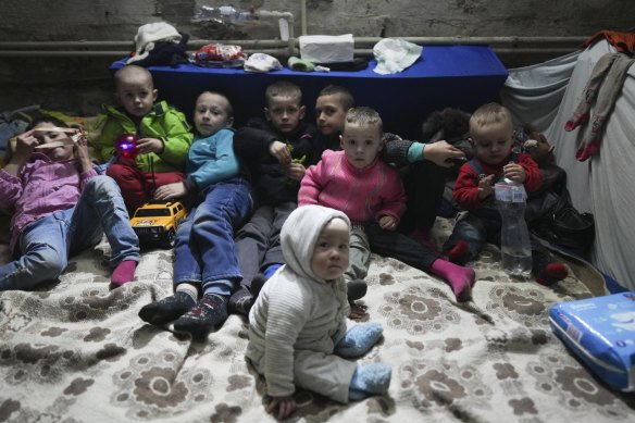 Children in the bomb shelter in Mariupol.