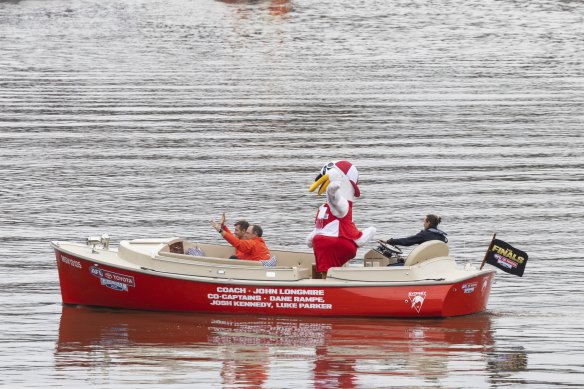 John Longmire, Luke Parker and the Sydney Swans mascot Cygnet on the Yarra.