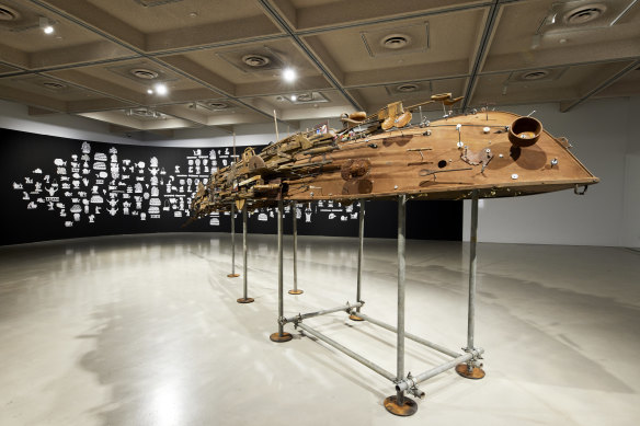 Isabel and Alfredo Aquilizan with the Fruitjuice Factori Studio’s Another Country (The Juncture of Between Becomes Comfort Zone), 2010-2023, at Campbelltown Arts Centre.