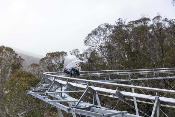 One of the first riders on the new $9 million Thredbo Alpine Coaster.