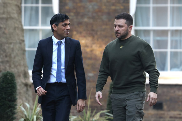 British Prime Minister Rishi Sunak hosts the Ukrainian President, Volodymyr Zelensky at Number 10 earlier this month. Zelensky was on a European tour to ask for fighter-jets.