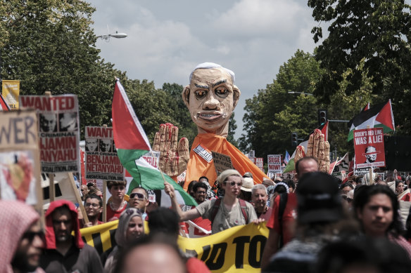 Demonstrators gathered to protest Israeli Prime Minister Benjamin Netanyahu’s visit to the United States amid Israel’s ongoing war against Hamas in Gaza.