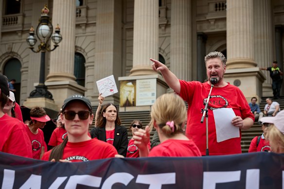 Justin Mullaly addressing the rally on Tuesday. He did not rule out further strike action if teachers’ demands are not met.