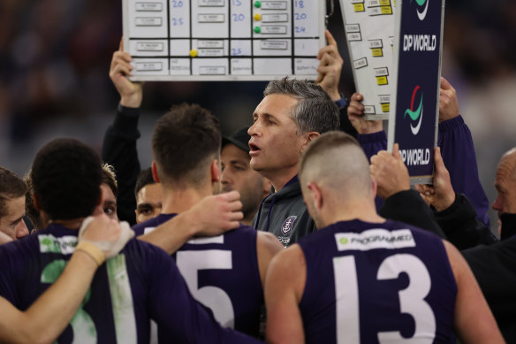 Justin Longmuir addresses his Dockers during their win against Essendon on Saturday.