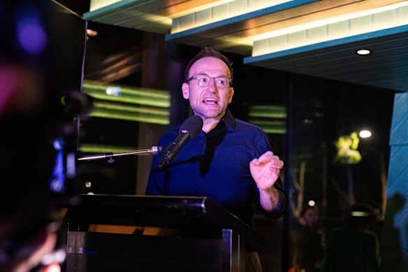 Bandt speaks to party faithful on election night. 