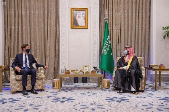 Saudi Crown Prince Mohammed bin Salman, right, meets with Senior Advisor to the U.S. President, Jared Kushner in Riyadh, Saudi Arabia, Tuesday, Sept. 1, 2020.