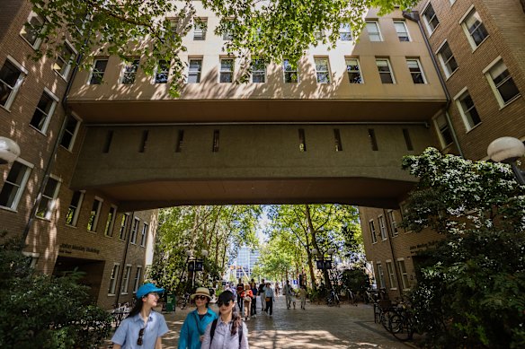 The gateway created by the John Medley Building at the University of Melbourne.