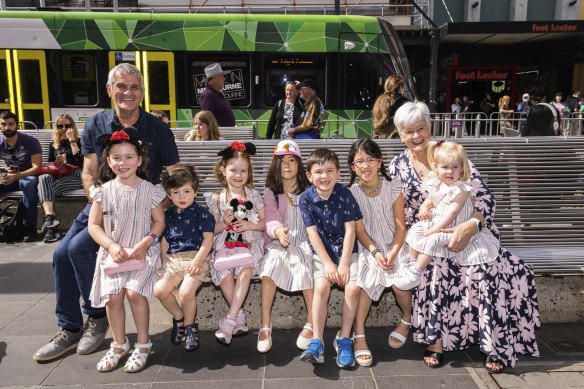 Exciting day out: Charlie and Sue Giansiracusa and their grandchildren visited the Myer Christmas windows.