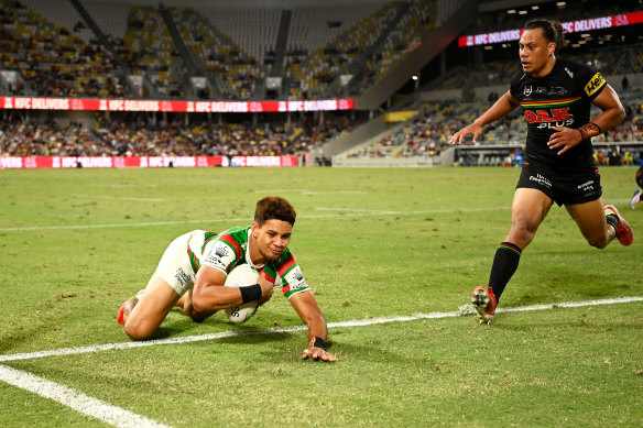 Jaxson Paulo scores a try in Souths’ memorable win in Townsville.