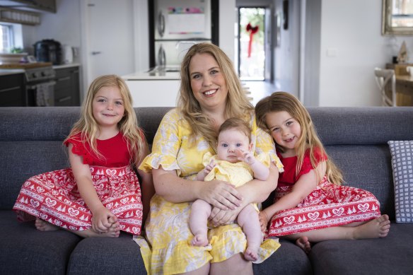 It’ll be rapid tests all round for Michelle Redman with her children, Rose, 5, Mabel,7, and Hazel, 11 weeks. 