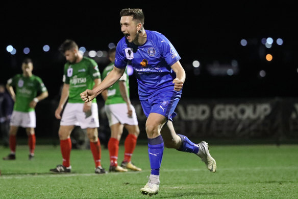 Liam Boland of Avondale FC celebrates after scoring in the FFA Cup in 2018.