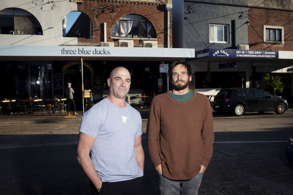 Mark Labrooy, Three Blue Ducks chef and co-owner, and Phil Abram from The Char Rotisserie on the main street in Bronte.