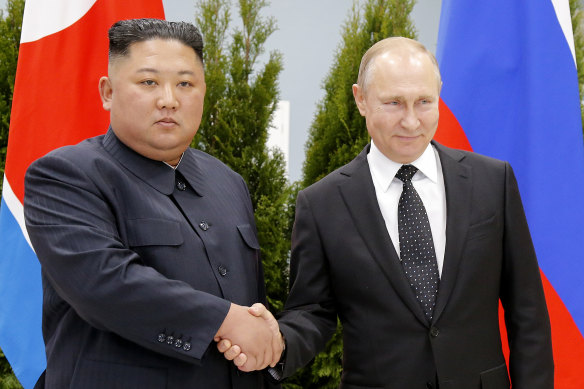 Previous visit: The leaders of North Korea and Russia, Kim Jong-un and Vladimir Putin, shake hands in Vladivostok, Russia, in 2019.